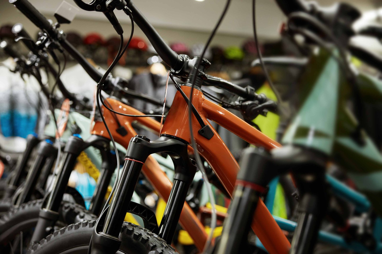 closeup view on row of new modern mountain bicycle