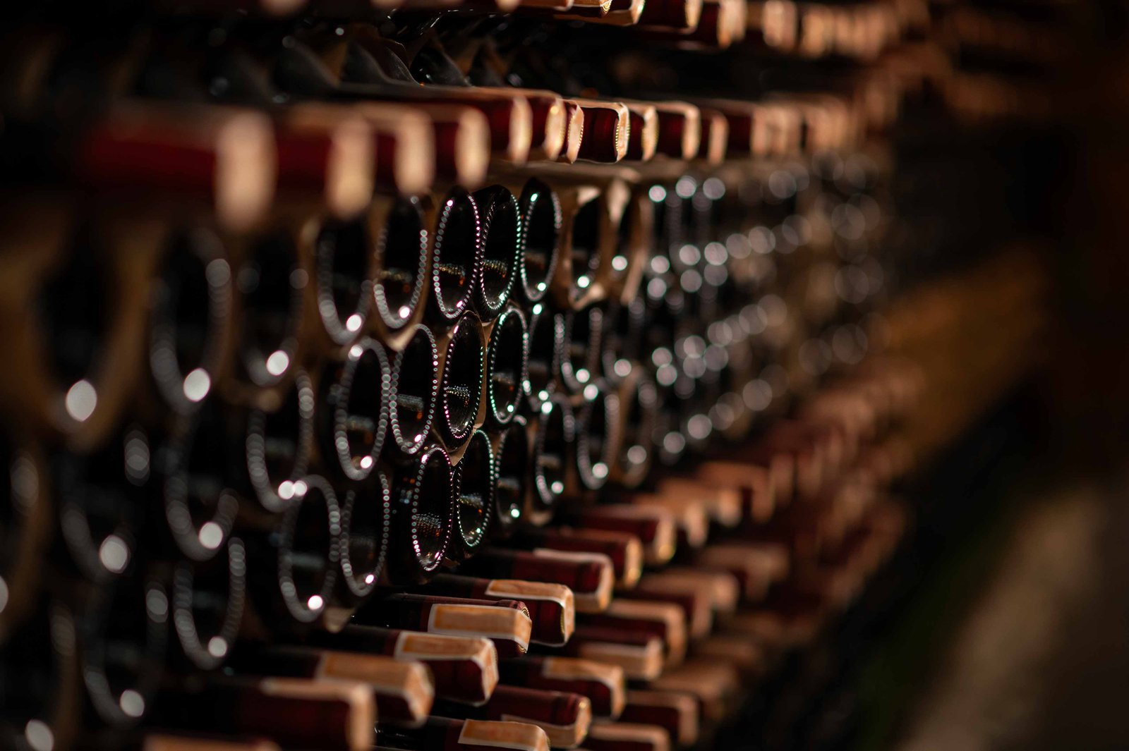 row of wine bottles on a wooden shelf in a wine